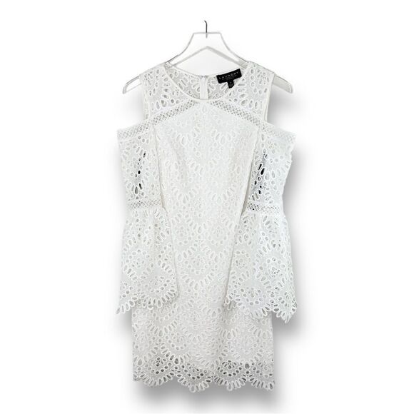 Laundry by Shelli Segal White Eyelet Cold Shoulder Dress w/Bell Sleeves Sz 2 - Picture 3 of 16
